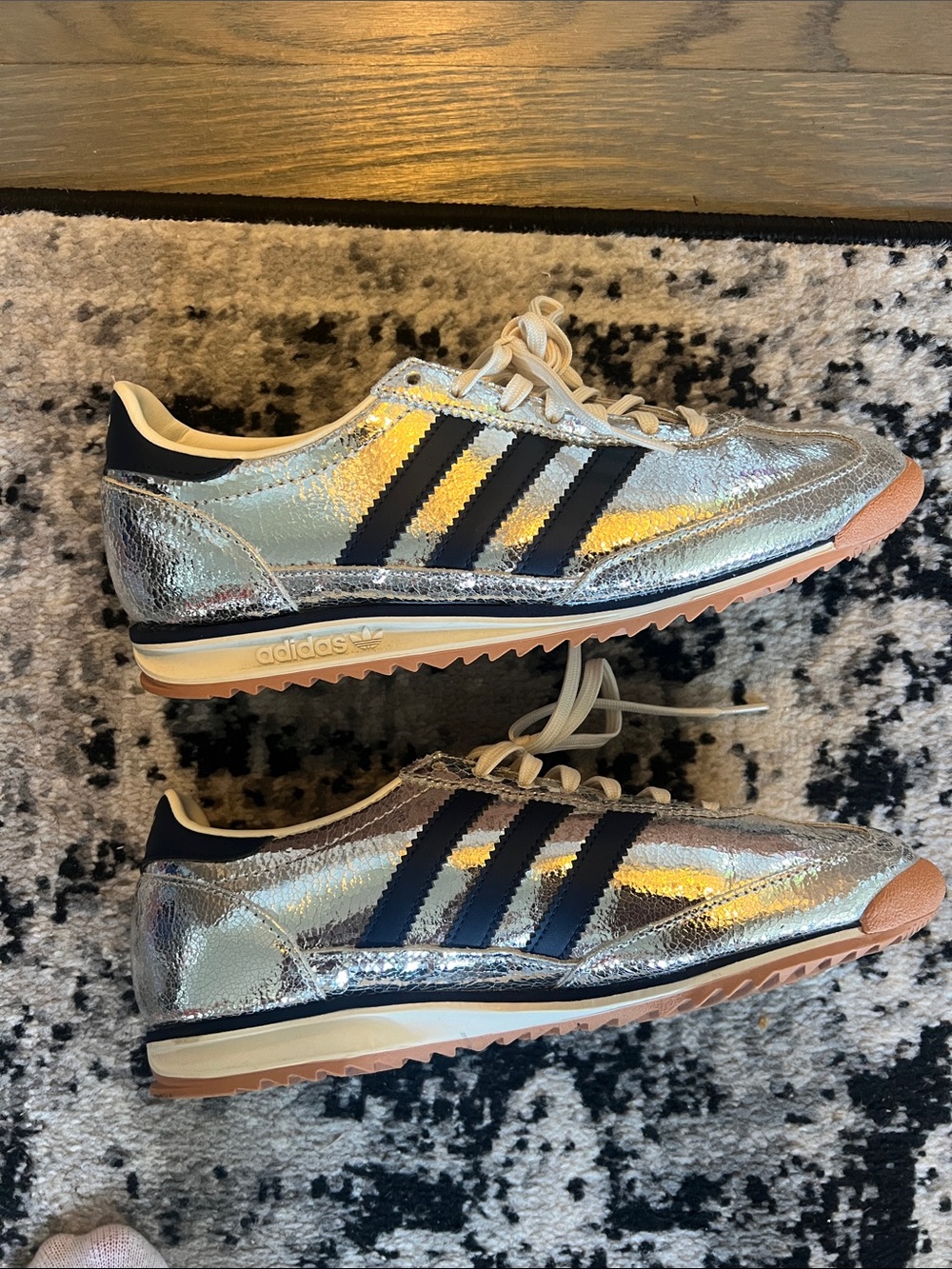 adidas sl 72 Metallic Silver Sneakers with Navy Stripes and Tan Outsole